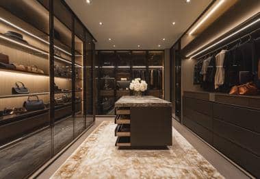 Luxury walk-in wardrobe with glass doors, island drawer and ambient lighting.