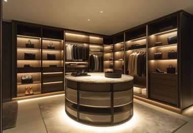 Luxury walk-in wardrobe with backlit shelves and central island unit.