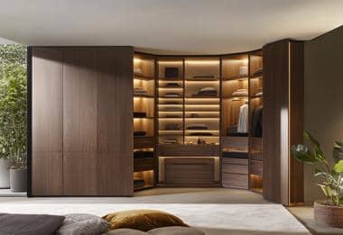 Corner fitted wardrobe with open shelving and wooden finishes.