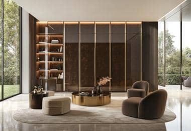 High-end display wardrobe with gold detailing and plush seating.