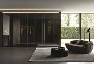 Black glass wardrobe with minimal rail design in modern living area.