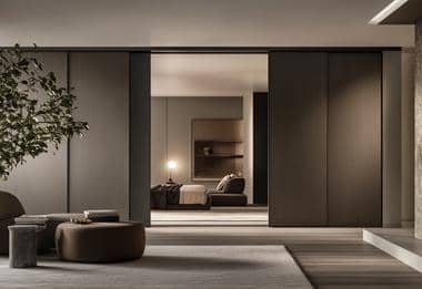 Sleek sliding wardrobe doors in a contemporary open-plan bedroom.