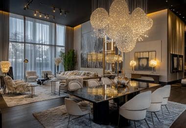 Luxury living room with crystal chandeliers, white furniture, and modern art.
