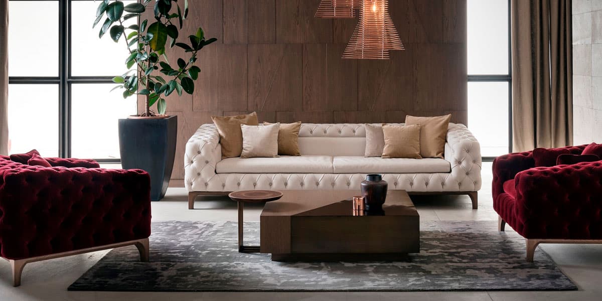 FCI London leather statement sofa with tailored seams and contemporary proportions.