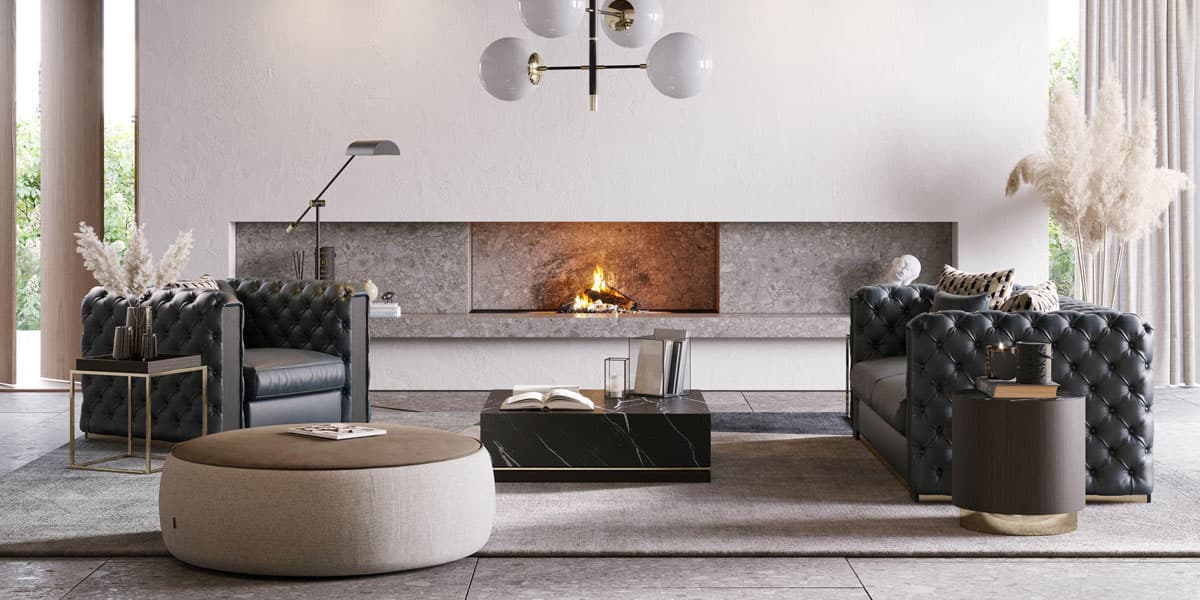 FCI London statement sofa: bold silhouette, luxe upholstery, modern living room focus.