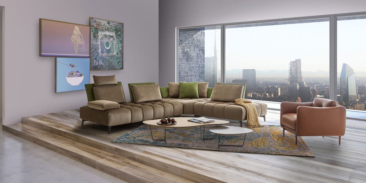 FCI London Naustro Italia corner sofa; low profile, modern silhouette for luxury living.