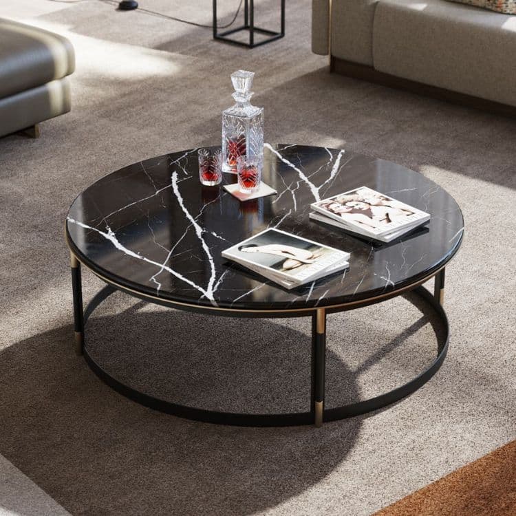 Elegant round and square coffee table comparison in modern living room setting