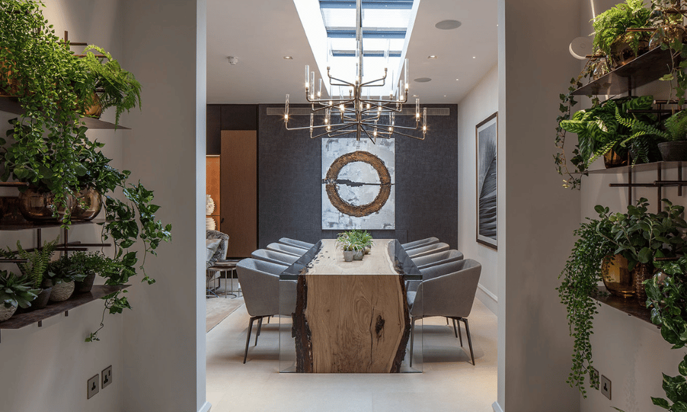 FCI London luxury dining table styling with sculptural centrepiece and layered tableware.