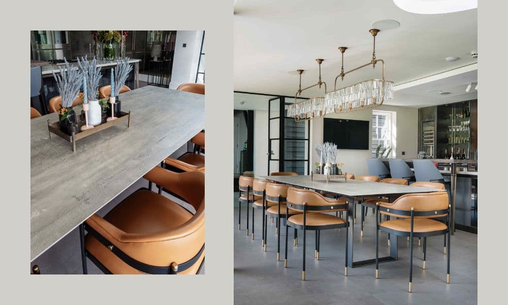 FCI London minimalist dining table: clean lines, black plates and refined glassware.