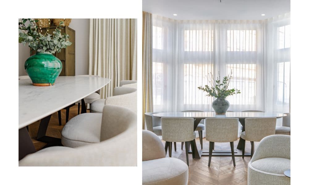 FCI London wood dining table styling with textured runner, ceramics and warm metallics.