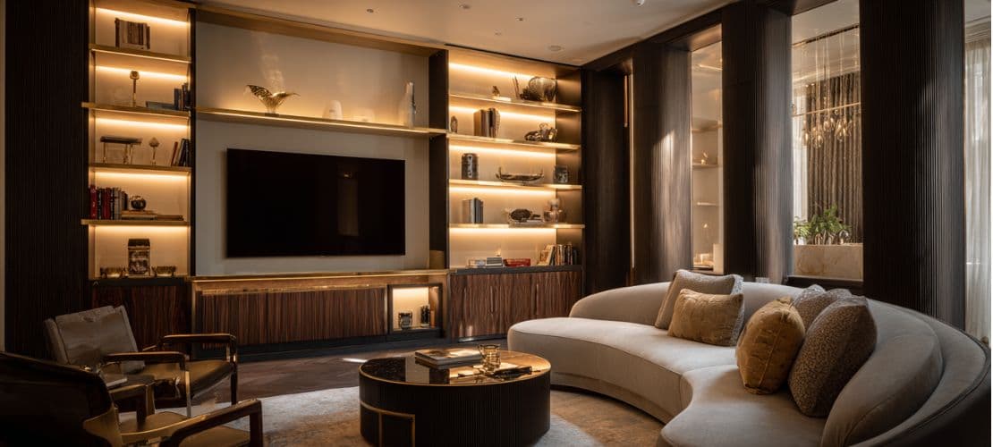 Modern bespoke joinery with a curved sofa and sleek shelving.