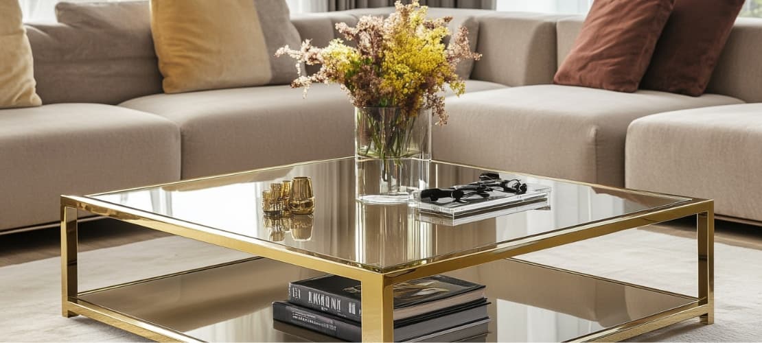 Stylish square glass coffee table with golden metal frame and flower vase in modern living room.