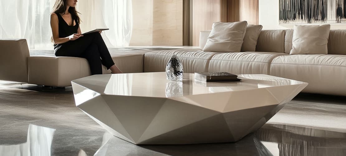 A woman relaxing on a luxurious sofa, with a glossy white stoneware coffee table in a living room.