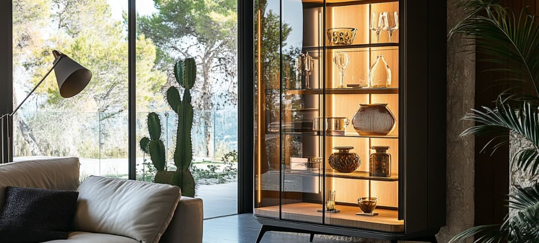 Stylish glass display unit with storage and internal lighting, perfect for the living room