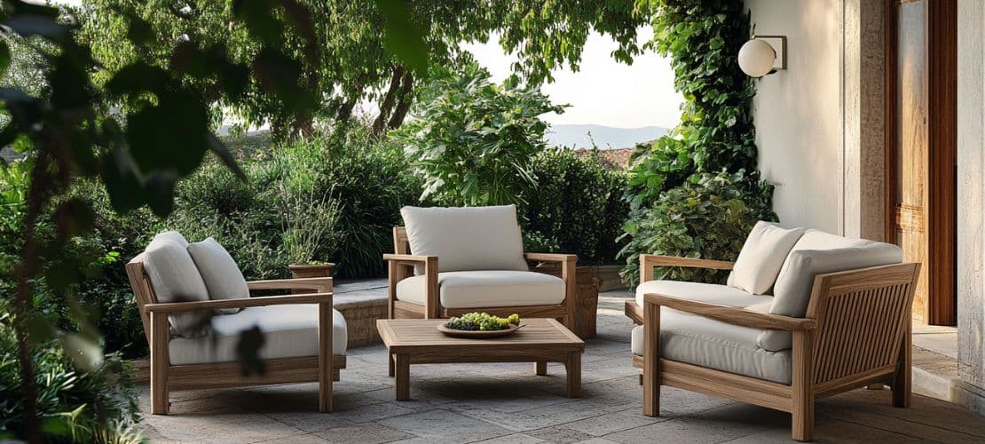 Wooden garden patio chairs with light cushions in outdoor garden setting