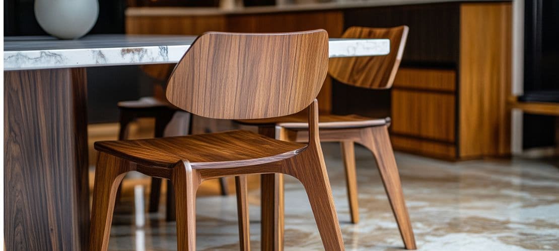 Modern wooden bar chairs with curved backs at marble dining table