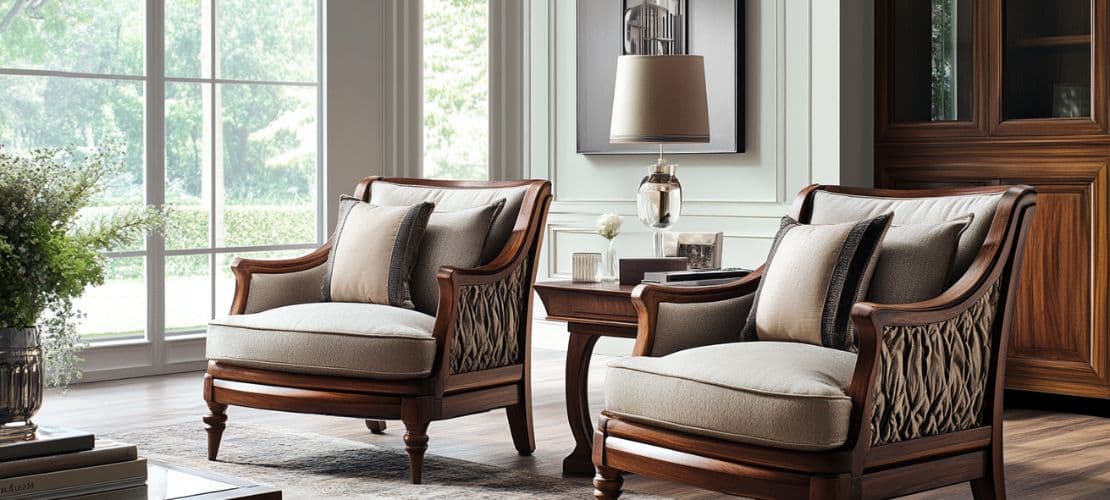 Elegant wooden dining arm chairs with grey cushions by large window