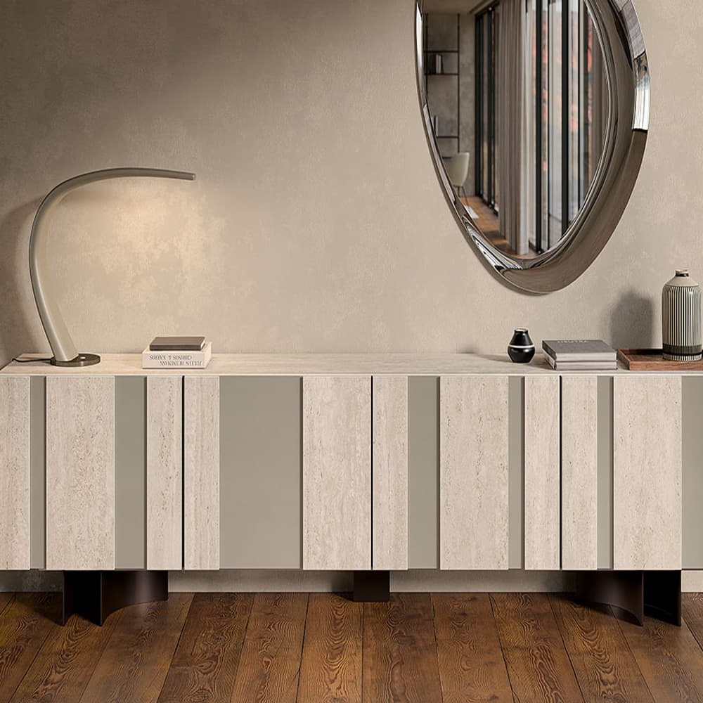 Side view of Amsterdam Keramik Sideboard featuring titanium finish and Marmi Colosseo doors
