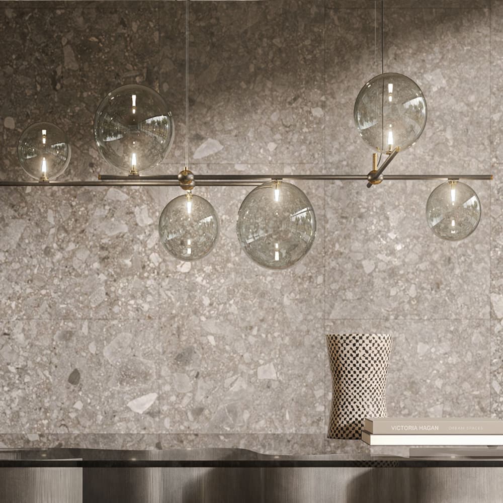 Side angle of Bloom ceiling lamp highlighting the satin iron grey steel frame by FCI London