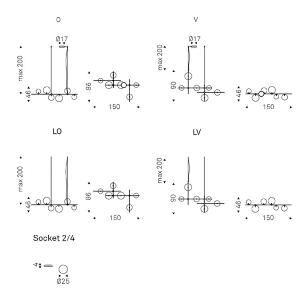 Full view of Bloom ceiling lamp with multiple crystal spheres and black chrome ceiling plate by FCI London