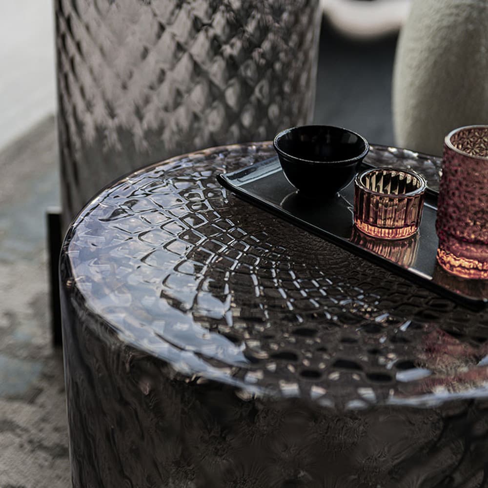 Side view of Dodo coffee table showing smoked crystal top and bronze legs FCI London