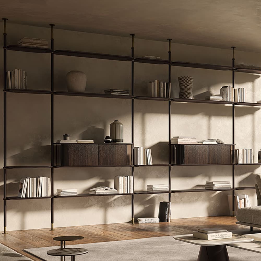 Modern harbour bookcase with titanium lacquered steel uprights and curved bronze glass FCI London