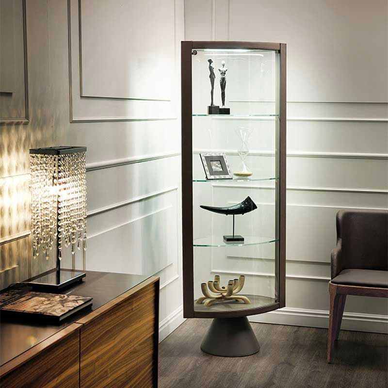 Side view of Saba display cabinet showing wood frame and sleek glass design from FCI London