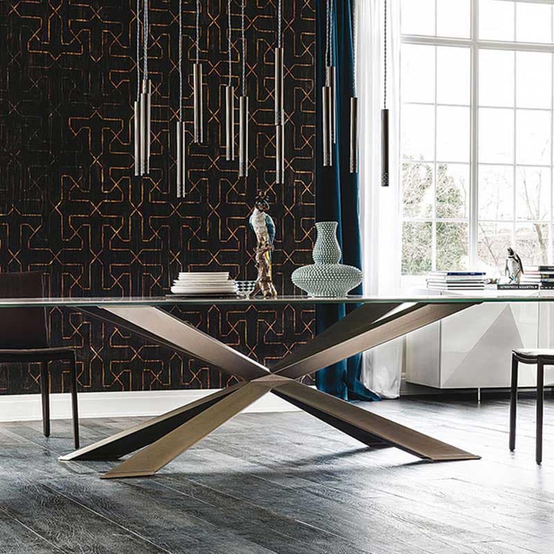 Side view of Spyder Keramik table with marble top and modern base by Cattelan Italia at FCI London