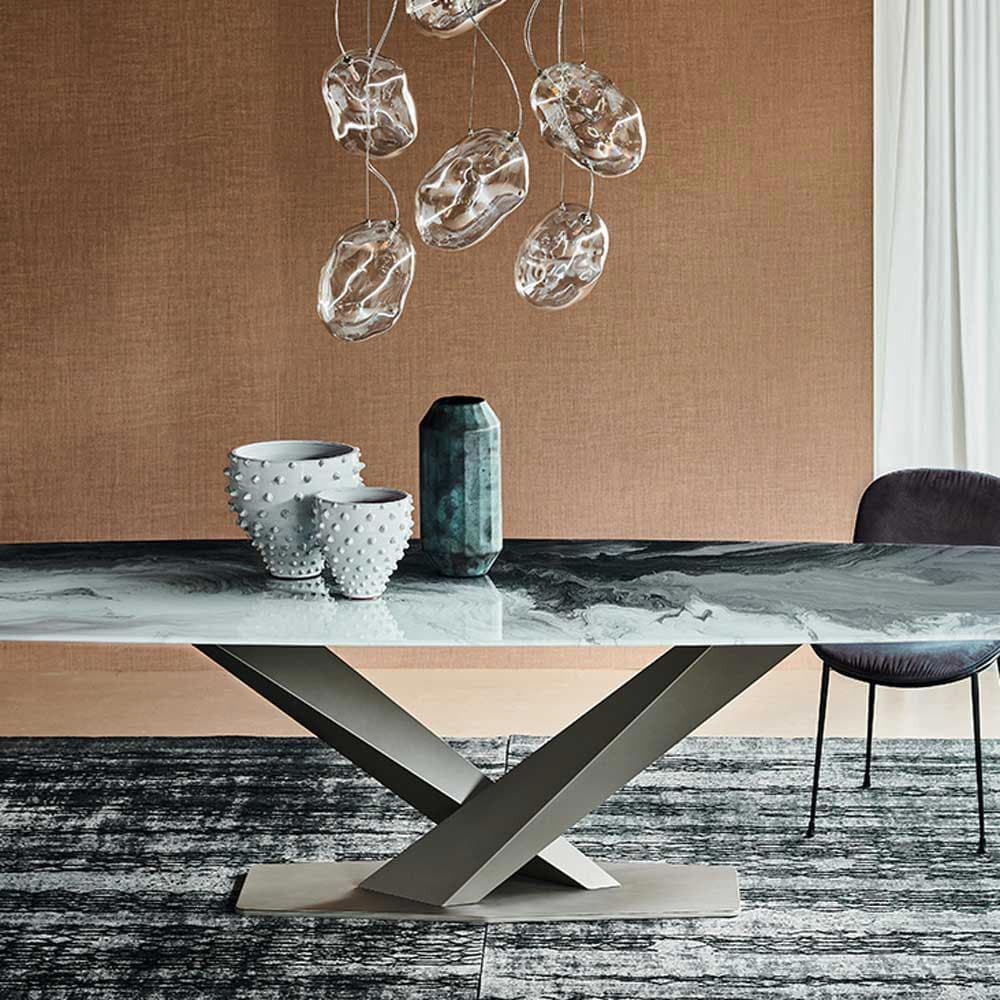 Side view of Stratos Crystalart dining table highlighting the unique base and elegant design FCI London