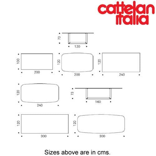 Technical illustration of the Dragon CrystalArt dining table by Cattelan Italia showcasing dimensions