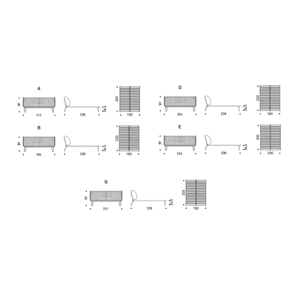 Technical diagram of Ayrton double bed showing dimensions and structure by Cattelan Italia