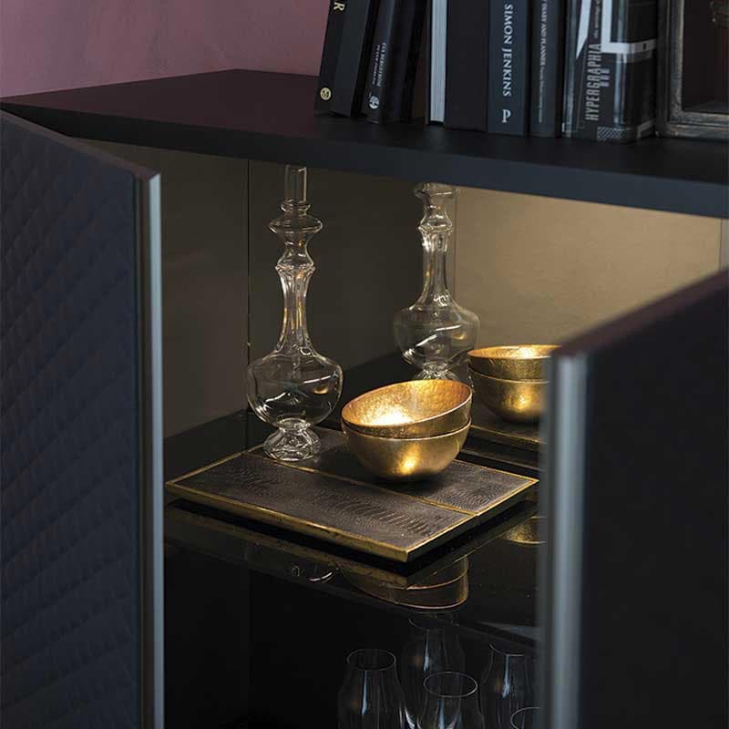 Interior view of Tiffany bar cabinet by Cattelan Italia featuring smoked glass shelving FCI London