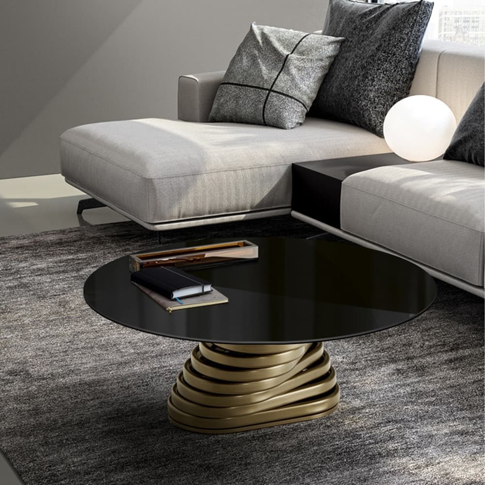 Rotolo Low Top Glass Coffee Table by Italforma featuring transparent glass and industrial-modern metal design