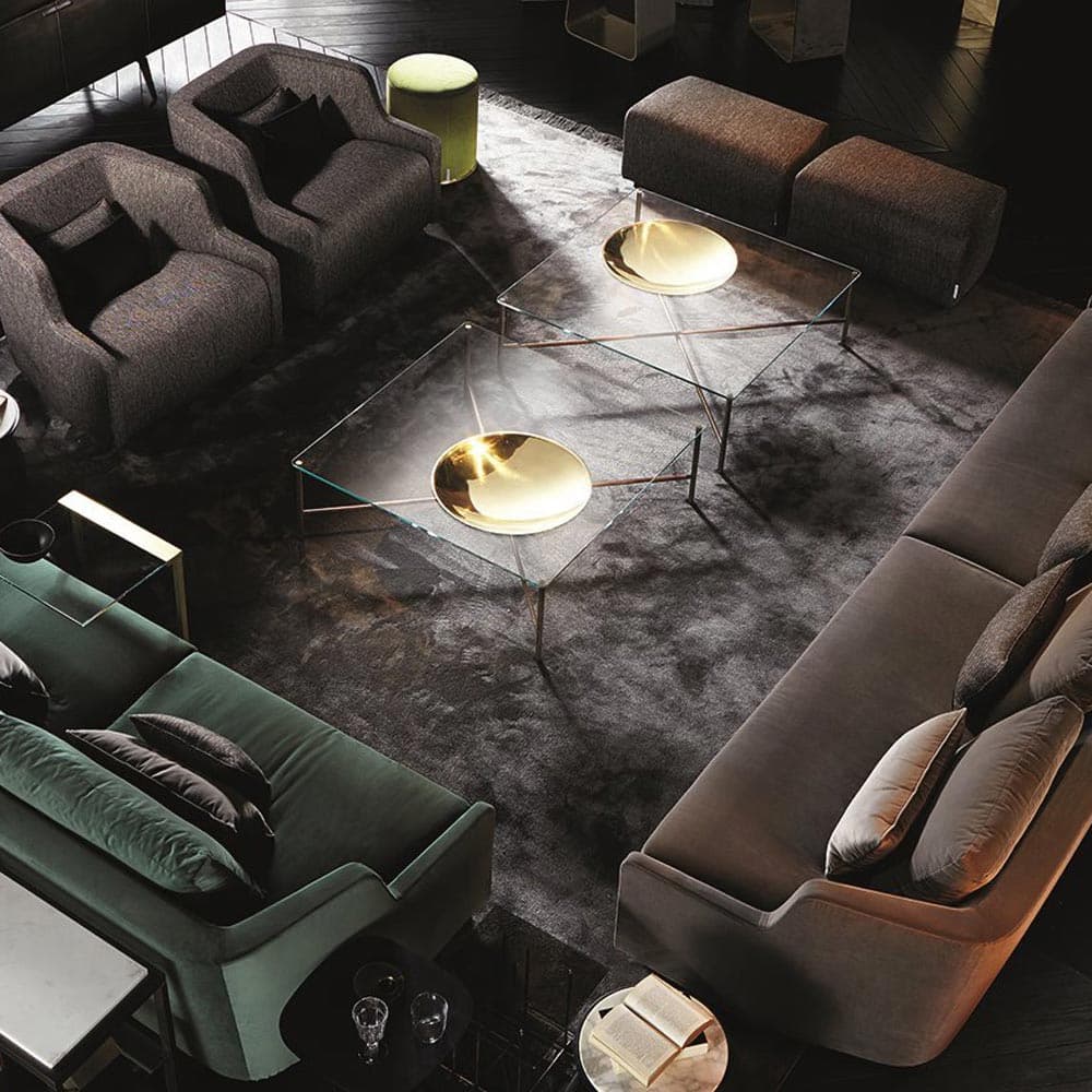 Golden Moon Coffee Table by Gallotti & Radice with minimalist hand-burnished brass structure and floating glass top