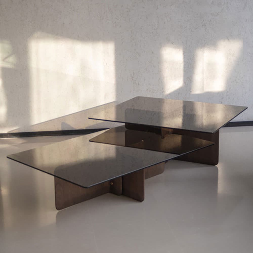 Shape Coffee Table by Potocco with geometric ash wood base, brass joints and glass top