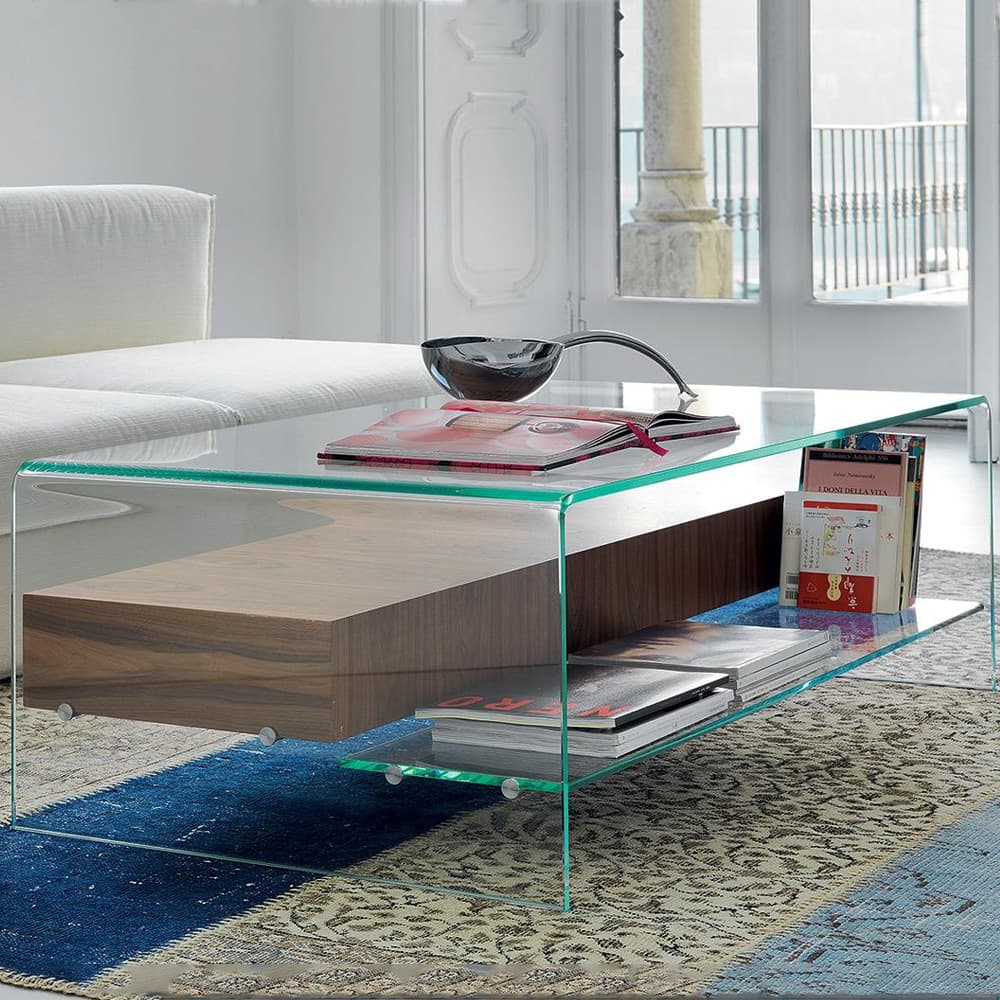 Bridge Coffee Table by Sovet Italia with transparent glass showing internal drawers and wooden shelving