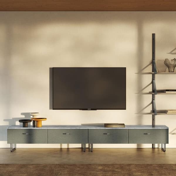 Oliver TV Wall Unit by Gamma and Dandy with leather-clad doors and sled base, available at FCI London