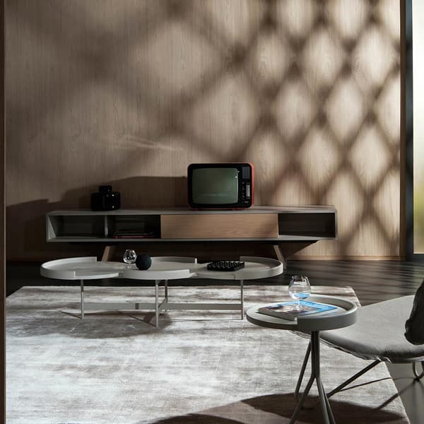 E-Klipse 005 TV Wall Unit by AL2 in oak wood finish with lacquered base, available at FCI London