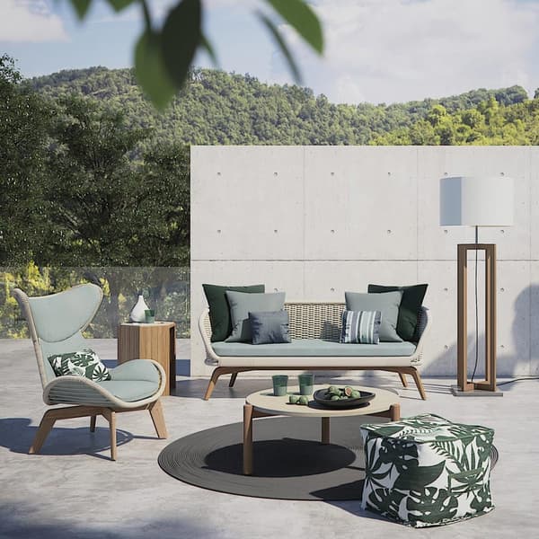 Lodge round outdoor coffee table by Atmosphera with solid teak base and stone top
