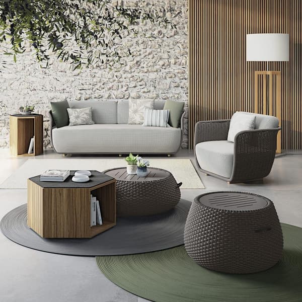 Atmosphera Ludo Outdoor Coffee Table with woven rope base and teak or glass top - aluminium frame