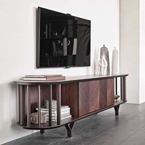 Costes TV Stand by Cattelan Italia with diagonal slatted walnut doors and Y-shaped metal foot, available at FCI London