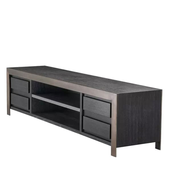 Talbot TV Wall Unit by Eichholtz in charcoal grey oak veneer with bronze trim, available at FCI London
