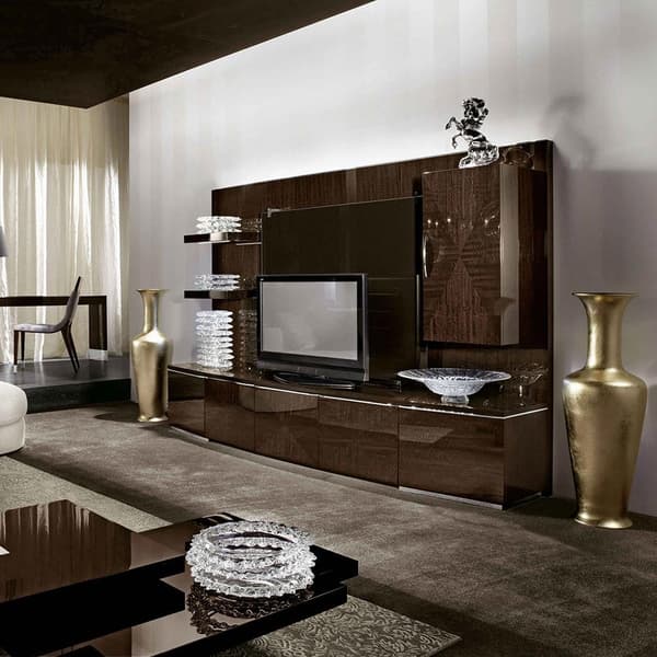 Vogue TV Wall Unit by Giorgio Collection in curly eucalyptus veneer with LED lighting, available at FCI London