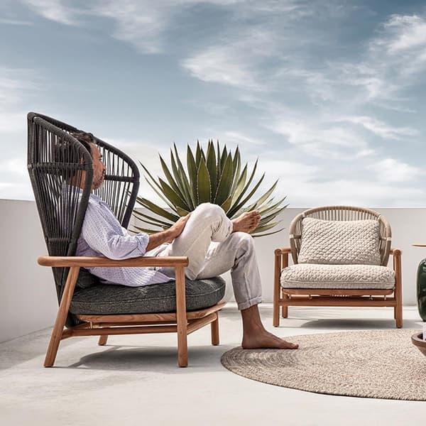 Fern Teak High Back Lounge Chair by Gloster, teak and rope high-back outdoor lounge chair