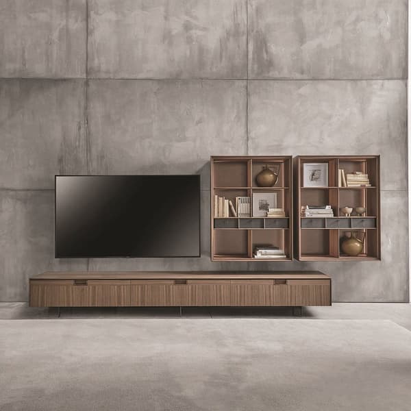 Matics 320 TV Wall Unit by Porada in Canaletto walnut with wooden flap doors, available at FCI London
