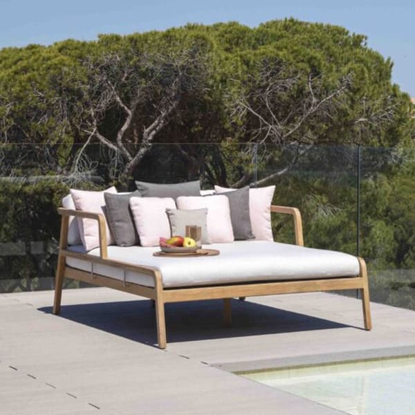 Flexx Double Lounger by Skyline Design, teak-framed outdoor double lounger with woven strapping