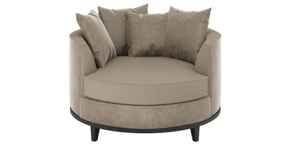 Kansas round-style leather sofa by Frato Interiors with plump cushioning and solid wood base