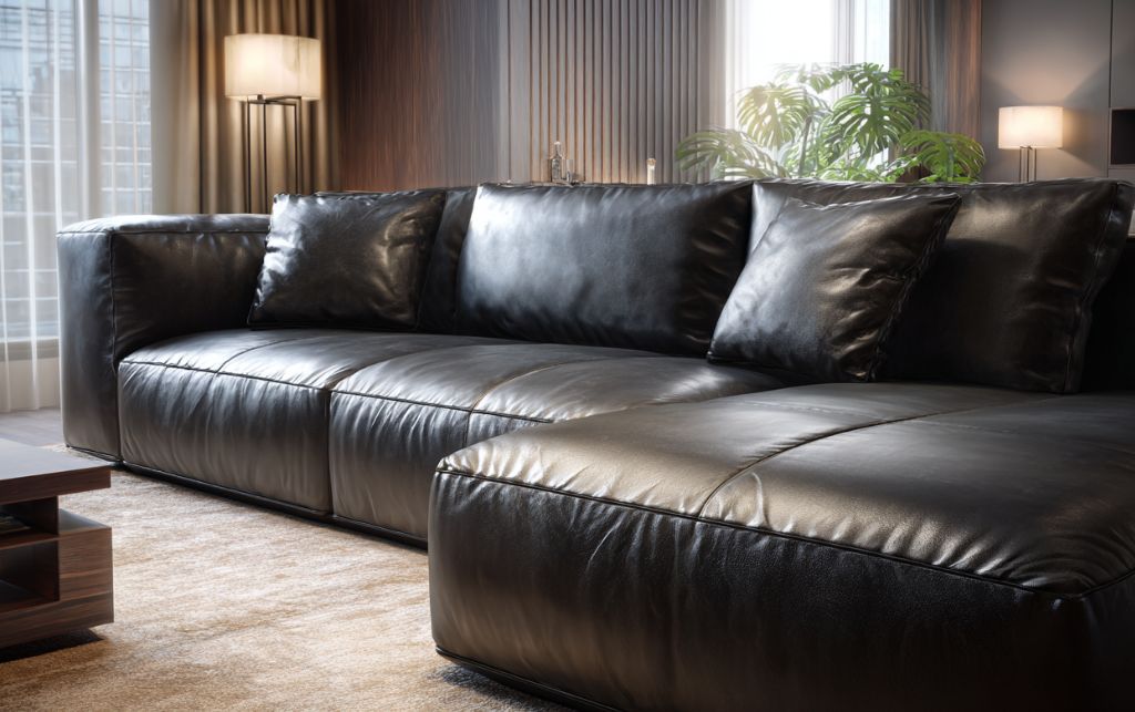 Cross-section view of quality leather sofa construction showing frame, springs, and upholstery layers