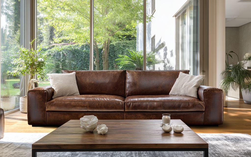 Luxury leather sofa showcasing timeless design and exceptional craftsmanship in elegant living room