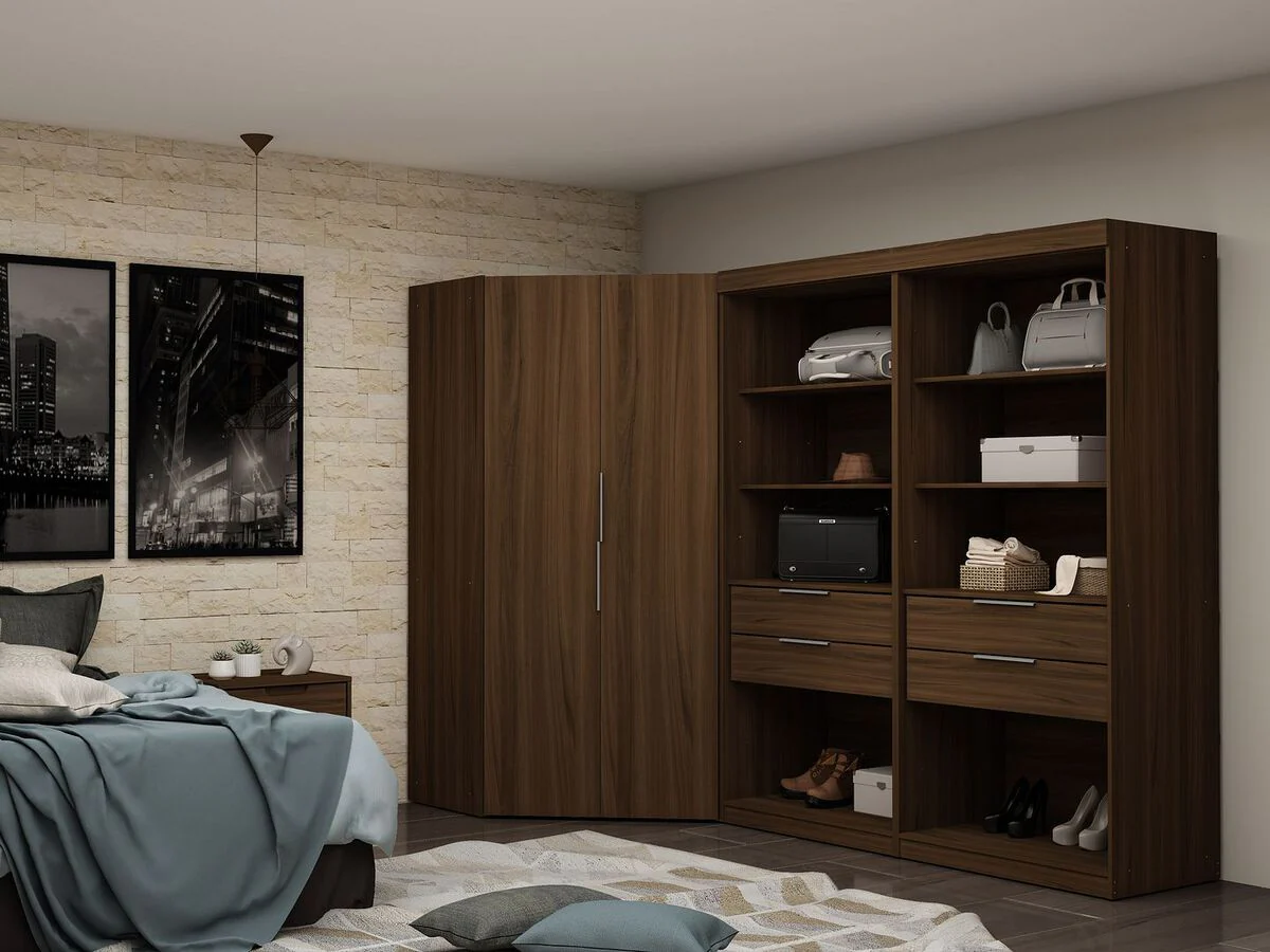 FCI London: modernise dated built-ins with walnut corner wardrobe and open storage.